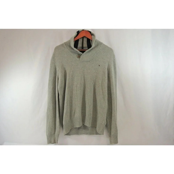 Tommy Hilfiger  Sweater Shawl Neck Button Gray Knit Mens Large 100% Cotton - Picture 1 of 11